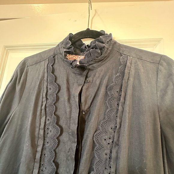 On This Note Noa Noa Linen Dress XS Navy Blue Ruffles & Lace Victoria Collar - Picture 3 of 11